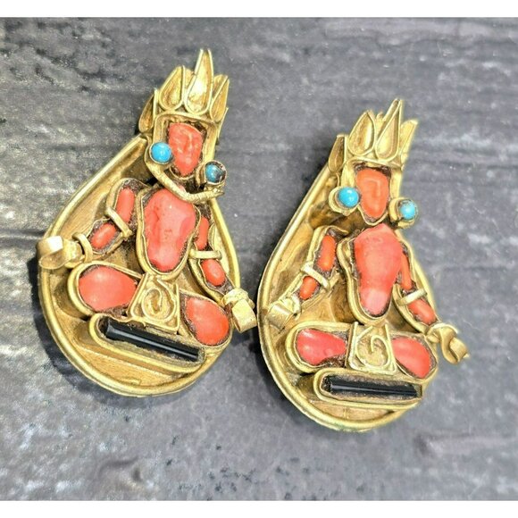 Vintage Gold-Toned Hindu Goddess Earrings Coral & Turquoise Stone Accents HS216 - Picture 2 of 5